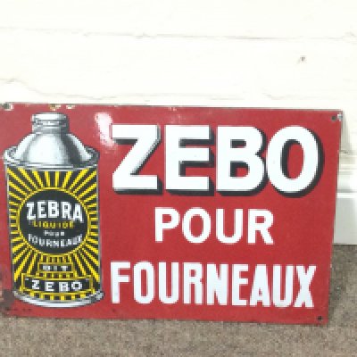 ZEBO FOR STOVES. FLAT ENAMELLED SHEET METAL SIGN 14.5 x 10 inches approximately
