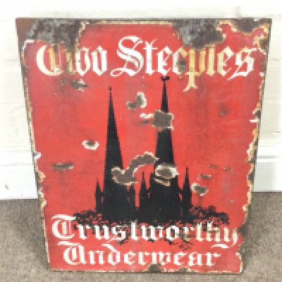 TWO STEEPLES VINTAGE ENAMEL SIGN DOUBLE SIDED WITH HANDLE. 13 x 17 inches