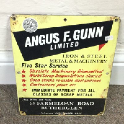 Angus F.Gunn limited iron and steel metal and machinery sign. 7.5 x 9.5 inches approximately