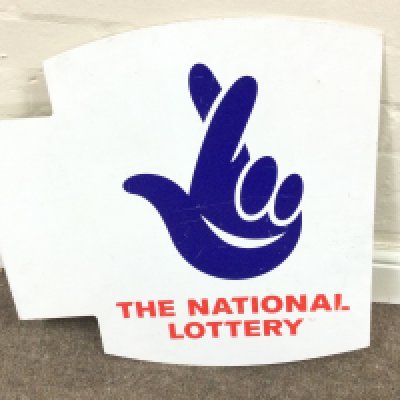NATIONAL LOTTERY DOUBLE SIDED FLANGED SIGN 19.5 x 20 inches approximately