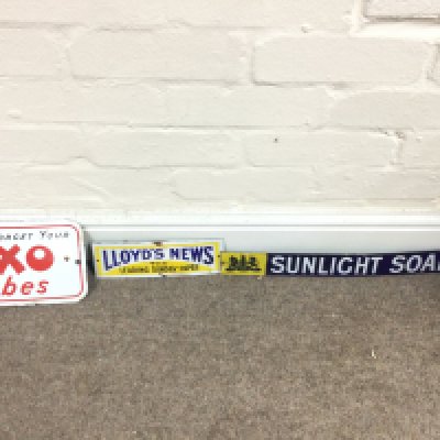 Collection of three small enamel signs including oxo cubes Lloyds new and sunlight soap.