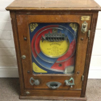 Antique Allwin Fivewin Arcade Coin Operated Penny Machine 20 x 7 x 27 inches approximately
