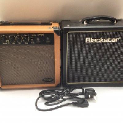 Two practice amplifiers comprising a Blackstar HT-1 and a Stagg 10A.