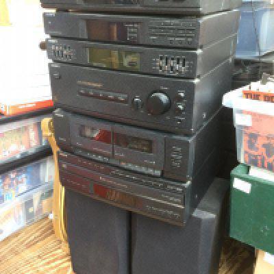 A Sony stacking hifi system and speakers.