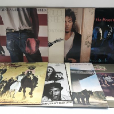Two bags containing 16 LPs by various artists including Bruce Springsteen, Neil Young, Bob Dylan and others.