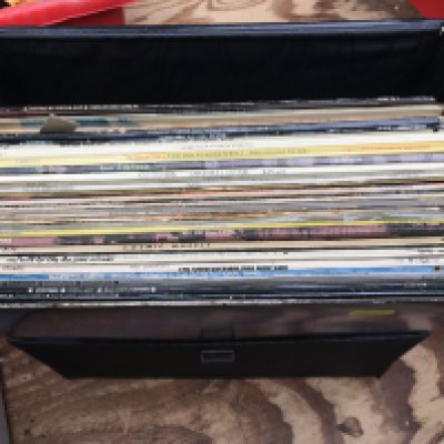A record case of LPs by various artists including Thin Lizzy, Jethro Tull and others.