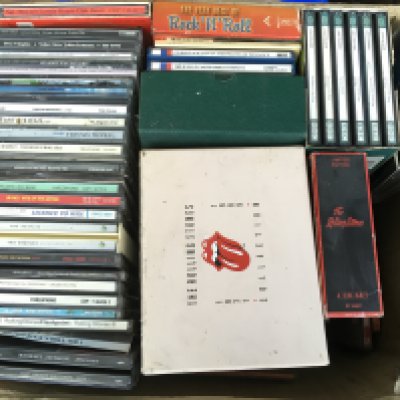 A box of CDs including a Rolling Stones 1971-1989 box set (Steel Wheels is not original) and various other artists.