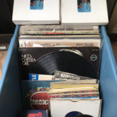 A crate of LPs, EPs, CDs and 7" singles including some promotional discs. Artists include The Beatles, Nico, Jimi Hendrix and others.