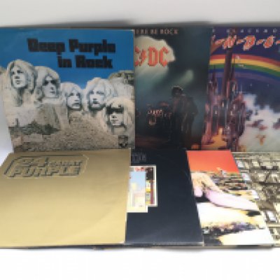 Seven rock LPs by various artists including Led Zeppelin, Deep Purple, AC/DC and Rainbow.