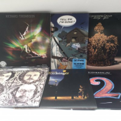 Two bags containing thirteen folk rock LPs by various artists including Richard Thompson, Cat Stevens, Fotheringay and others. Includes some 180g vinyl pressings.