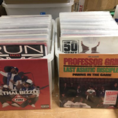Two boxes of hip hop and electro 12" singles by various artists including Run DMC, 50 Cent, Jungle Brothers and many more.