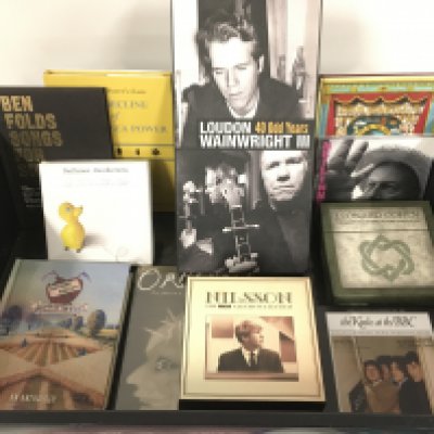 A box of various CD box sets, artists include The Kinks, Robert Wyatt, British Sea Power and others.