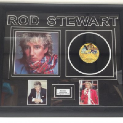 A framed and glazed Rod Stewart display, approx 57.5cm x 47.5cm.