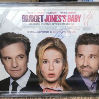 A framed and glazed signed film poster for 'Bridget Jones' Baby' signed by Renee Zellweger, Colin Firth and Patrick Dempsey, approx 106cm x 82cm.