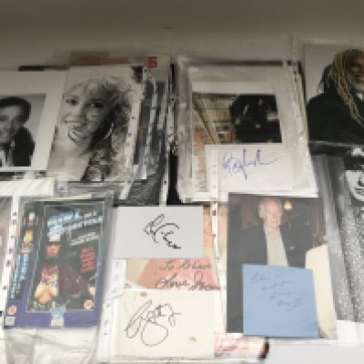 An extensive collection of autographs of musicians and singers including Ricky Valance, Elvis Costello, Brian May, Sir George Martin, Sting, Boy George and many more. No COAs. Please note that buyers must satisfy themselves as to the authenticity of any signed items before bidding as we are not experts in this field and will not be held responsible should they prove to be anything other than genuine.