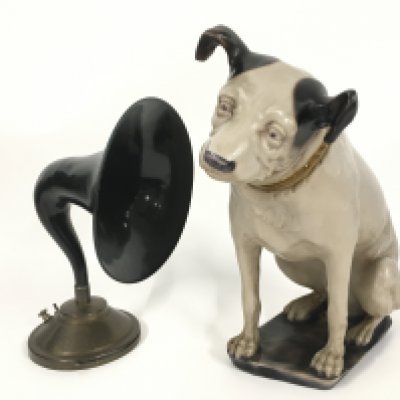 A plaster figure of Nipper, the HMV dog (approx 36cm) and a gramophone horn (2).