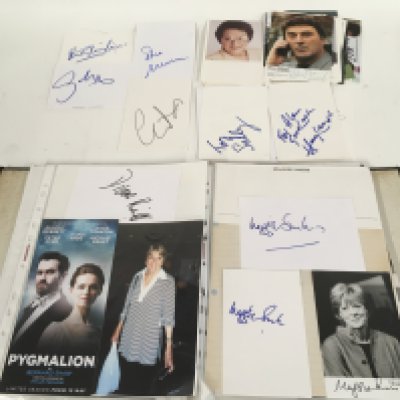 A box of 9 binders of autographs of actors and entertainers comprising Maggie Smith, Diana Rigg, Allan Rickman, Christopher Lee, Rik Mayall, Eric Sykes, Patrick Stewart, Helen Mirren, Martin Sheen, Ricky Gervais, Victoria Wood, Michael Palin, Richard Briers, Sean Bean and many more.