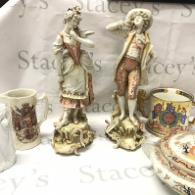 Two classical couple porcelain figures, Queen Victoria figure, Commemorative cups (twin handled by Paragon), Derwent Gibsons tureen . This lot cannot be posted. NO RESERVE