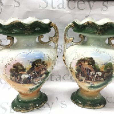 A pair of New Victor porcelain vases with countryside farm scene decorations 36cm tall . This lot cannot be posted. NO RESERVE