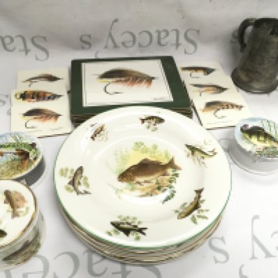 Bethany Fish plates and salmon place mats , fishing tankard , porcelain fish design containers . This lot cannot be posted