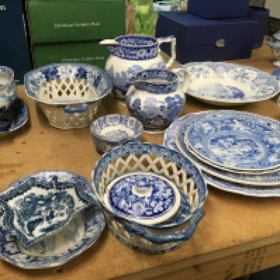 A Collection of 19th Century blue and white transfer ware including jugs dishes plates pickle dish .