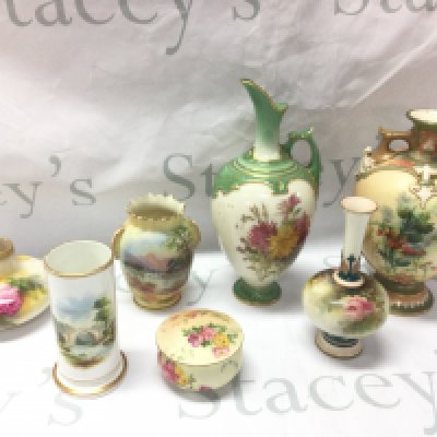 A collection of Royal Worcester Blush Ivory vases and a lidded pot also including a 19th century vase with hand painted bridge scene. 5 to 23cm tall. This lot cannot be posted