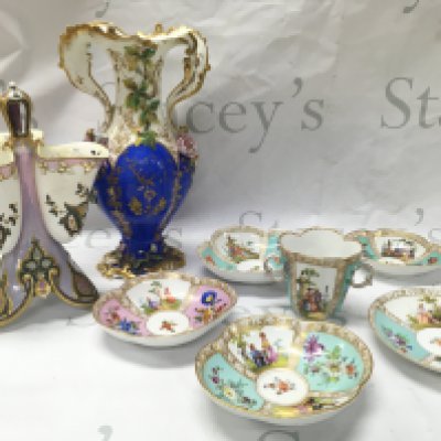 Porcelain French Pearlescent glaze and gilted vase , a restored and damaged English Cobalt , white , gilted and Floral design vase (28cm tall), Dresden dishes and cup decorated with figural scenes and floral imagery. This lot cannot be posted