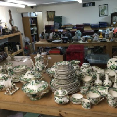 A large Collection of Masons Chartreuse ironstone ceramics including cups, saucers, bowls, jug (damaged ). This lot cannot be posted