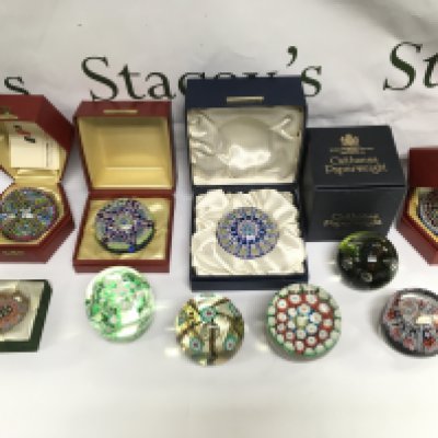 Ten paperweights including four boxed examples including Caithness and Perthshire paperweights. Shipping category D.