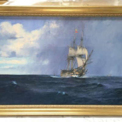 A 20th century Oil on canvas painting by Robin Brooks, a clipper ship at sea. Frame dimensions 58x85cm This lot cannot be posted