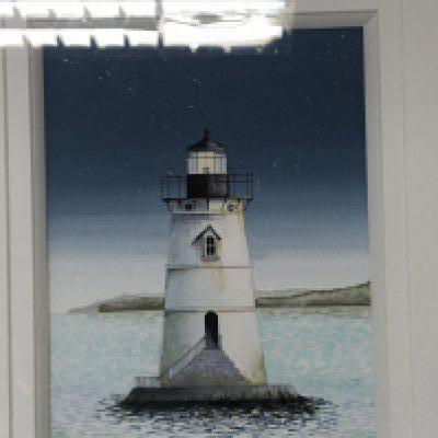 Four modern Contemporary pen and watercolour paintings by Gary Walton studies of Lighthouse one with a small, Gallery shop all in modern frames. (4)