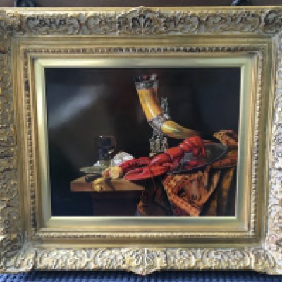 a 20th century gilt framed still life oil painting by T.Gabris, after 17th century Dutch artist W. Kalf Still life with lobster, drinking horn and glasses. Frame dimensions 78x68cm