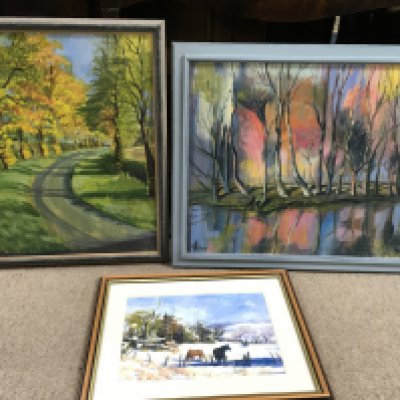 Two 20th century Joanna Crawford framed oil/pastel paintings of abstract style rural scenes and one horses in a field print. No reserve This lot cannot be posted