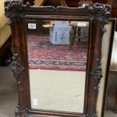 An antique wood effect mirror together with a coloured aquatint view of the quadrangle at Windsor castle. NO RESERVE