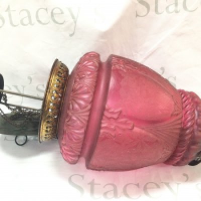 A quality early 20th century etched glass red lamp shade. Total height approximately 52cm ,26cm wide approx