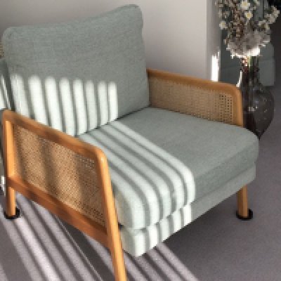 Three Modern beach wood Bergere arm chairs with marching light colour (mint) drop In cushion in very good condition. (3)