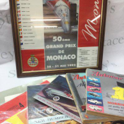 A collection of vintage motoring items including a framed Formula 1 Monaco 1992 poster ( frame dimensions 47x65cm )The Autocar London show reports 1957 & 1959, Rootes Motors Humber Super Snipe poster and brochure, Ford Zephyr 4 advertising brochure, Ford Zodiac advertising brochure, Cadillac 1971 & 1979 catalogues. Postage category B without the glass frame.