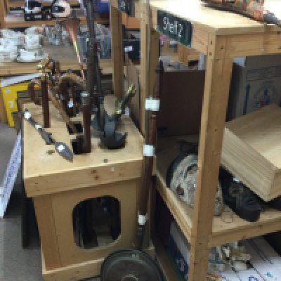 A Victorian coach horn, warming pan , large set of inlaid bellows. NO RESERVE