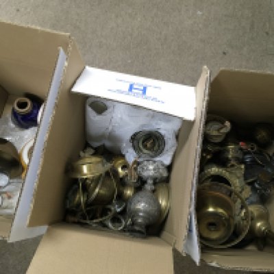 Three boxes containing Victorian oil lamp parts, shades and chimneys. NO RESERVE