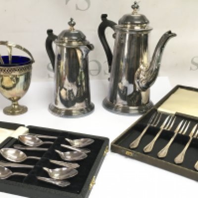 Silver plated coffee pots, cased cutlery , silver hallmarked sugar bowl . Postage category B