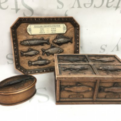 Carved Wooden fish boxes and a display , made in England . Postage catB
