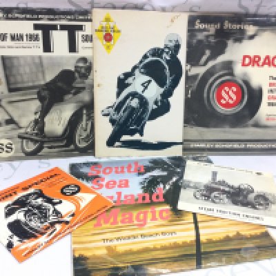 Motorist Sound Stories Vinyl records including Isle Of Man 1966 TT by Stanley Schofield productions, Isle of Man TT 1967 part 1 , Dragfest British International drag festival 1964, Sprint Special , Steam traction engines Argo Transacord recording, South Sea Island Magic the Waikiki beach boys.