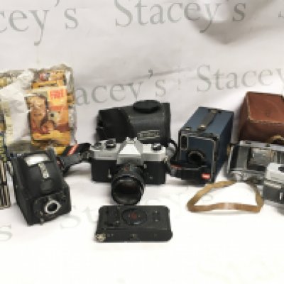 A collection of various vintage cameras including Kodak vest pocket camera no a 127, Ensign Ful Vue , Portrait brownie no 2 , SIX 20 brownie