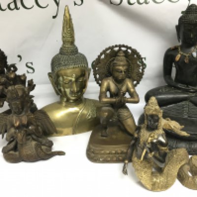 Six brass and spelter figures of Indian deities and Buddha. Shipping category D.