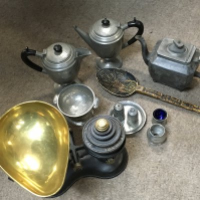 Pewter oddments , set of scales, carved wooden spoon. Postage category c