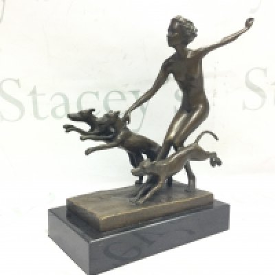 An Art Deco style Lorenzl Diane bronze figure , woman with three greyhounds. 24cm tall 18Cm wide. Postage category B