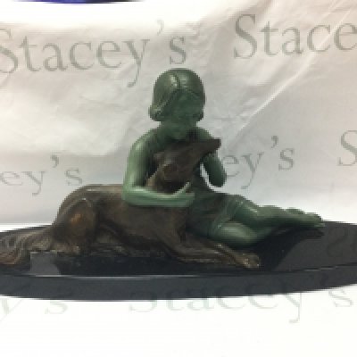 Armand Godard, bronzed French Art Deco Girl and Borzoi Dog c.1920-30s. 29cm tall 64cm wide approx