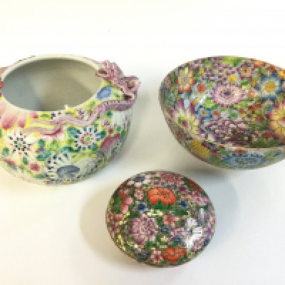 Chinese Mille Fleur ceramics including vase with dragon (11cm tall) , bowl (6.5cm tall) and trinket box with six character mark to base. (4cm tall) This lot cannot be posted