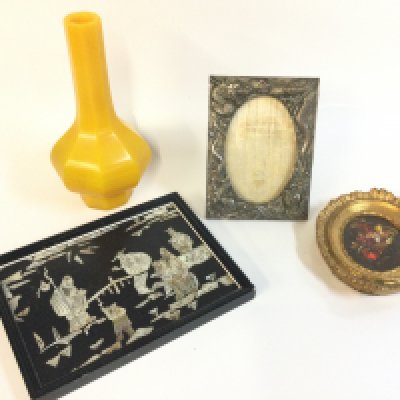 Chinese lacquer and mother of pearl scene picture , yellow glaze peking vase 19cm tall , dragon picture frame and a miniature picture. This lot cannot be posted