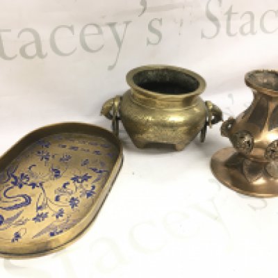 Chinese bronze censer (18cm wide 10cm tall) , Gu vase (13cm tall) , bronze tray (22cm wide) signed